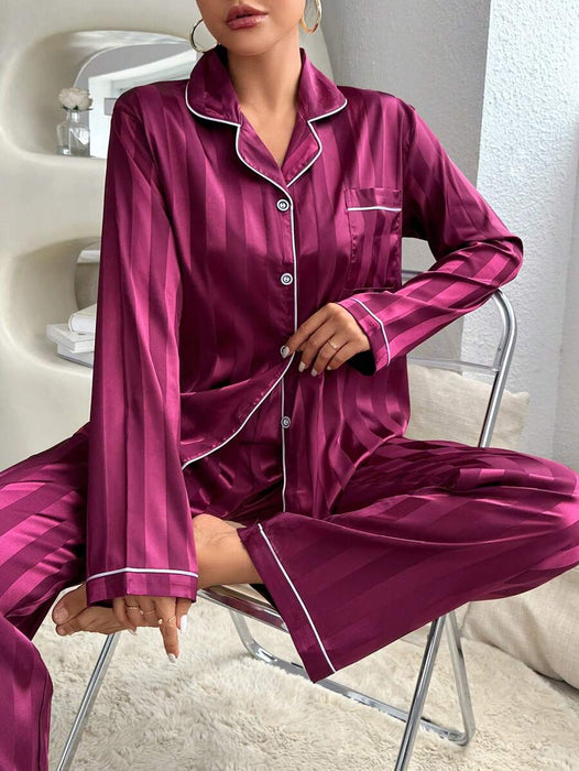 Contrast Stripe Printed Satin Pajama Set