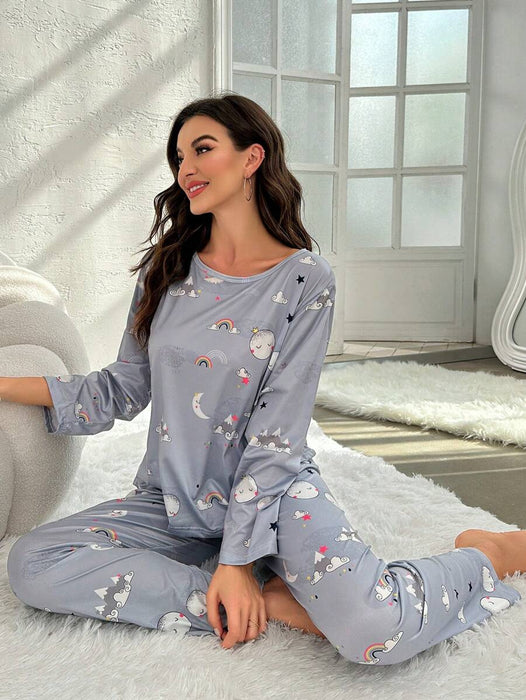 Long Sleeve Moon And Rainbow Graphic Pajamas Set