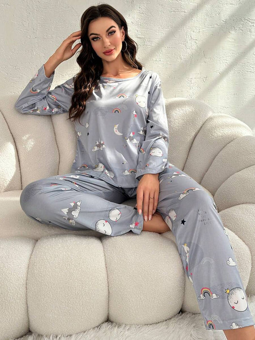 Long Sleeve Moon And Rainbow Graphic Pajamas Set