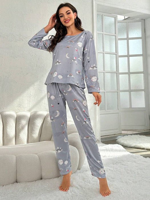 Long Sleeve Moon And Rainbow Graphic Pajamas Set