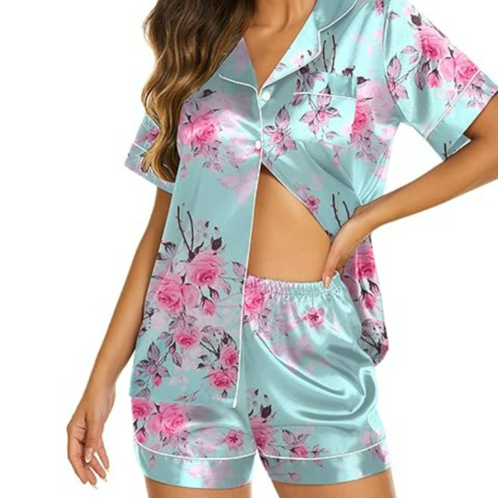 Satin Short Sleeve Button Down Flower Printed Pajamas Set