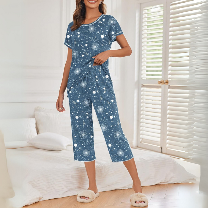 Matching Printed Capri Pajama Set With Short Sleeve Top