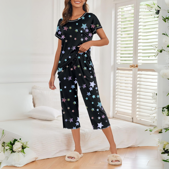 Star Printed Matching Capri Pajama Set With Short Sleeve Top