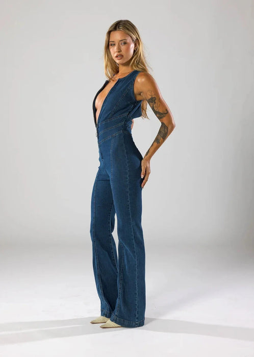 Plunge Flare Denim Jumpsuit