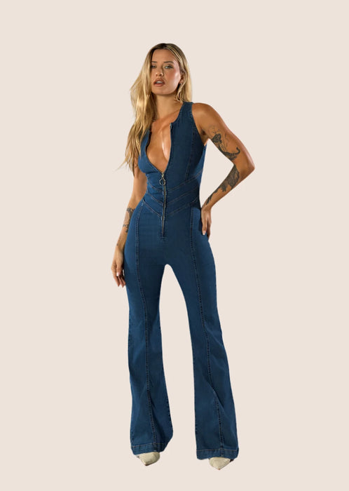 Plunge Flare Denim Jumpsuit