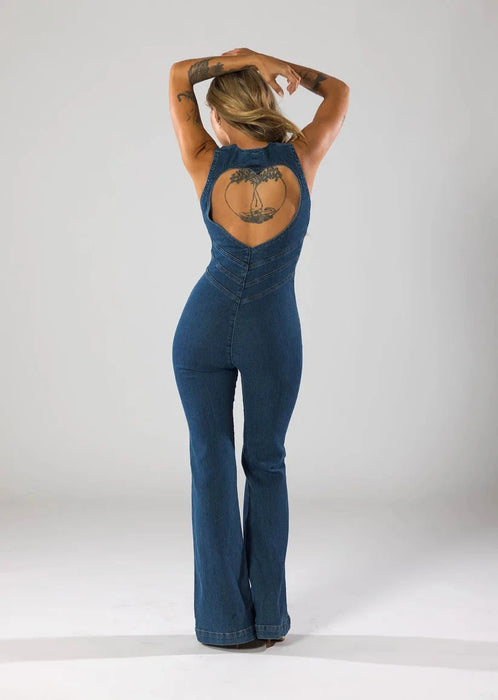 Plunge Flare Denim Jumpsuit