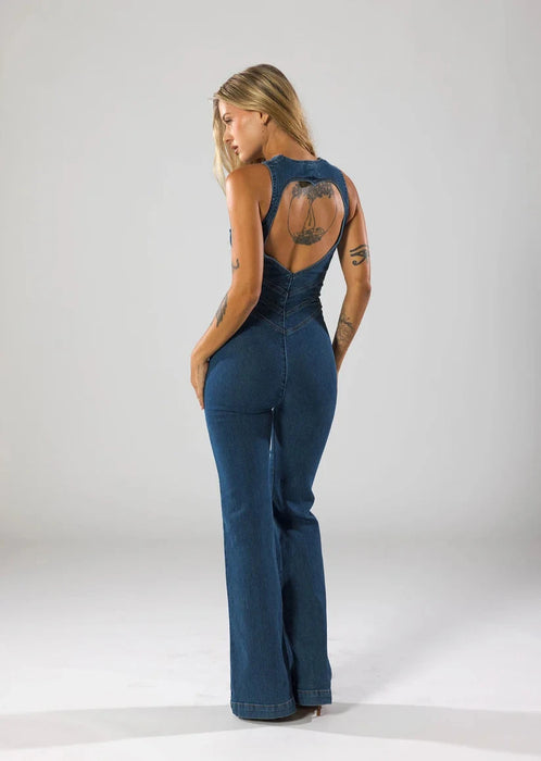 Plunge Flare Denim Jumpsuit