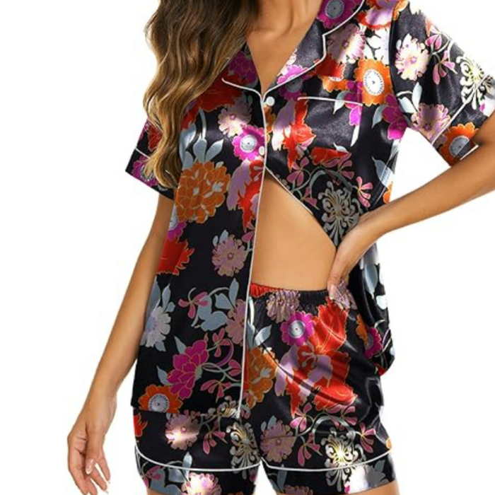 Satin Short Sleeve Button Down Flower Printed Pajamas Set