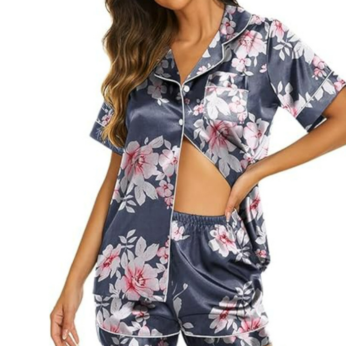 Satin Short Sleeve Button Down Flower Printed Pajamas Set