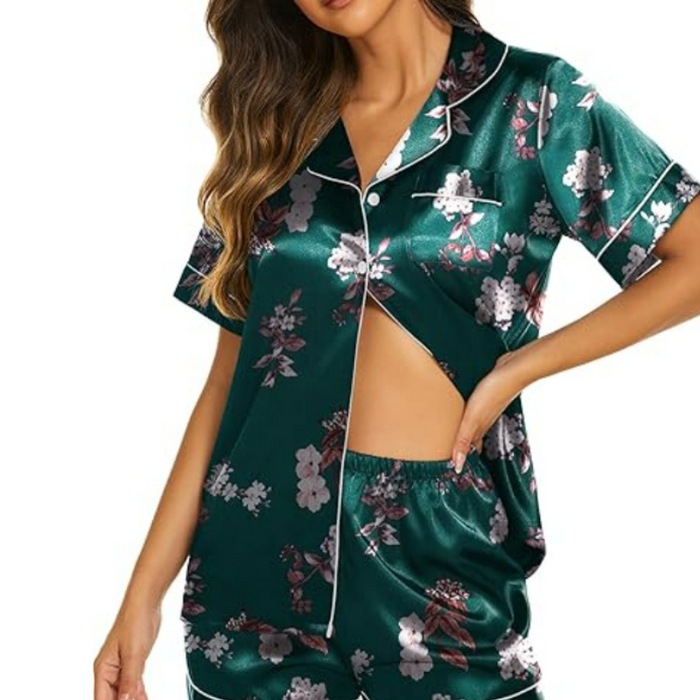 Satin Short Sleeve Button Down Flower Printed Pajamas Set