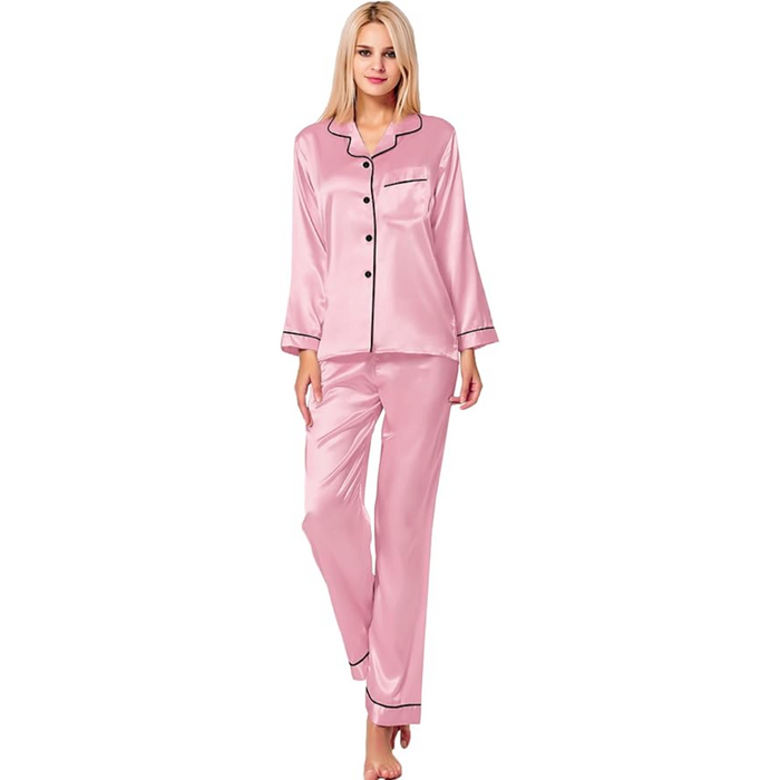 Button Down Long Sleeve Satin Pajama Set