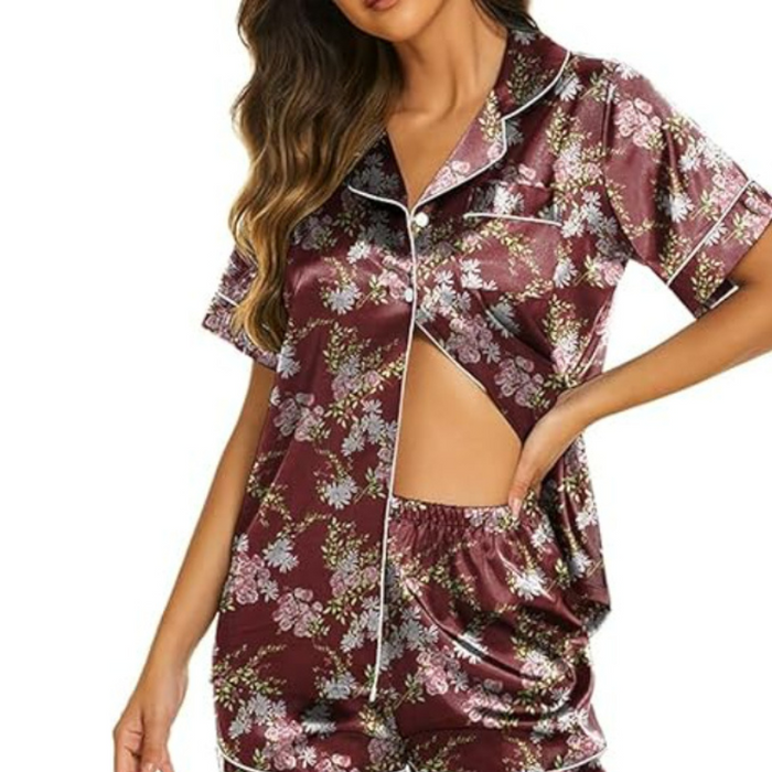 Satin Short Sleeve Button Down Flower Printed Pajamas Set