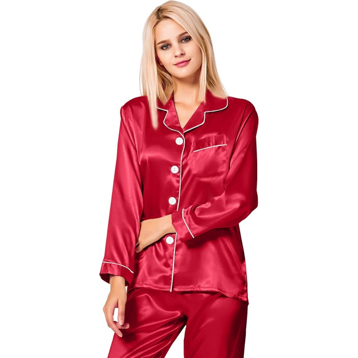 Button Down Long Sleeve Satin Pajama Set