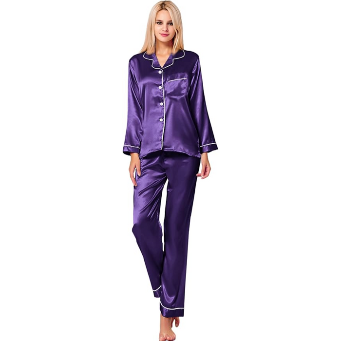 Button Down Long Sleeve Satin Pajama Set