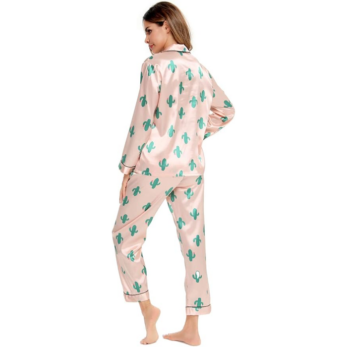 Satin Long Sleeve Printed Button Down Pajama Set