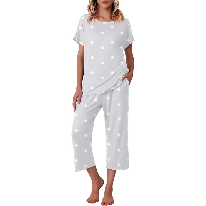 Star Printed Matching Capri Pajama Set With Short Sleeve Top