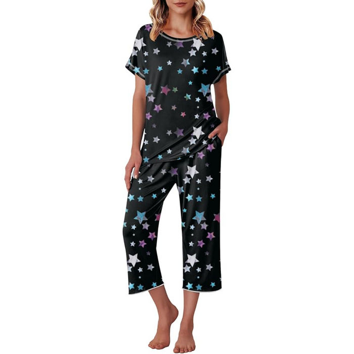 Star Printed Matching Capri Pajama Set With Short Sleeve Top