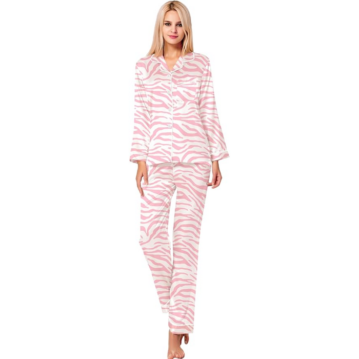 Satin Long Sleeve Printed Button Down Pajama Set