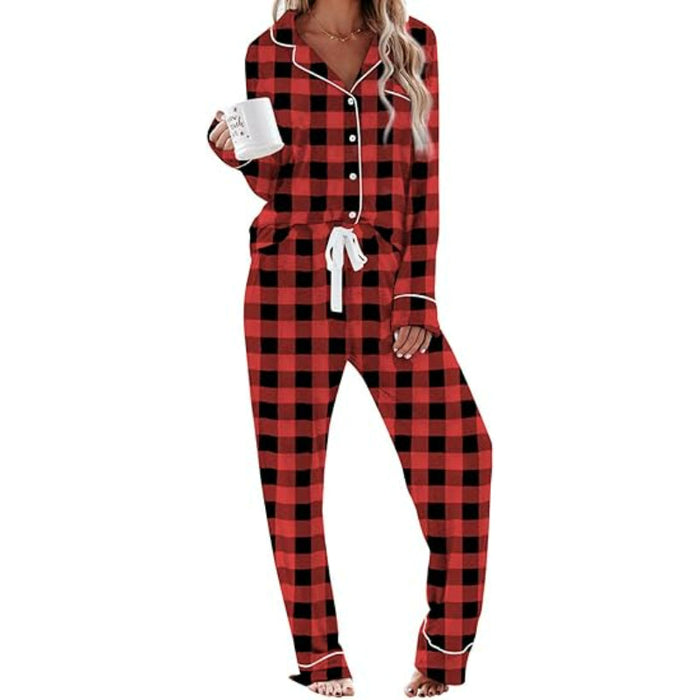 Plaid Pattern Button Down Pajama Set