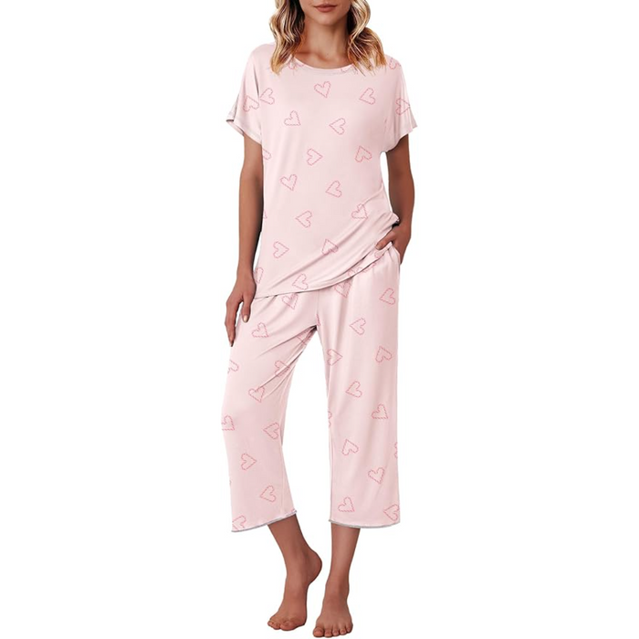 Matching Printed Capri Pajama Set With Short Sleeve Top