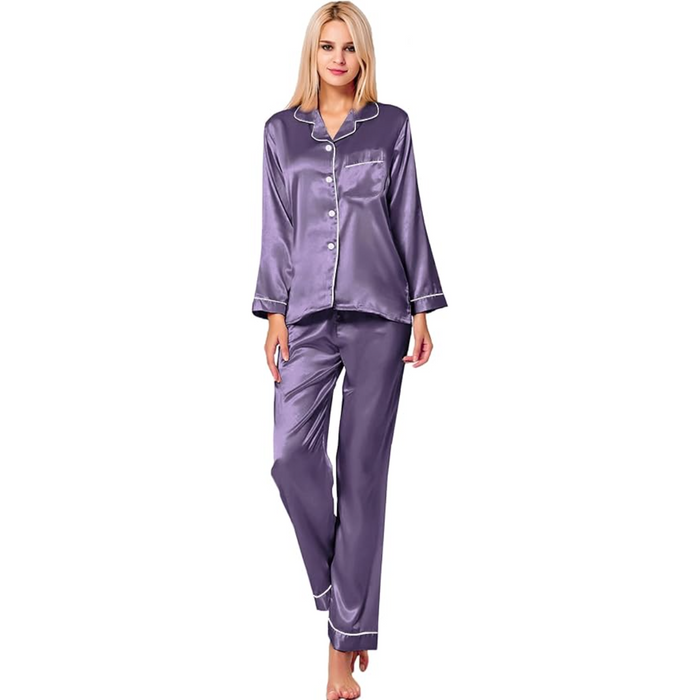 Button Down Long Sleeve Satin Pajama Set