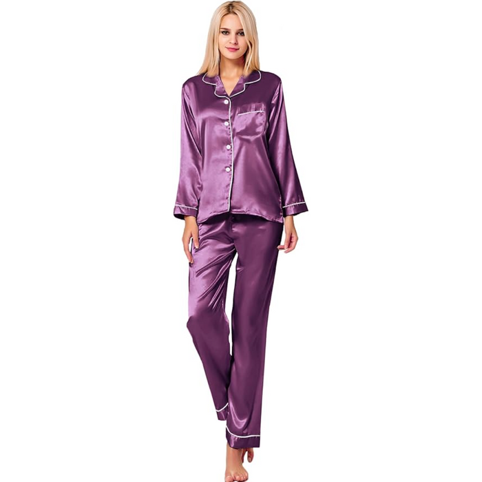 Button Down Long Sleeve Satin Pajama Set