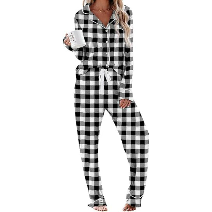 Plaid Pattern Button Down Pajama Set