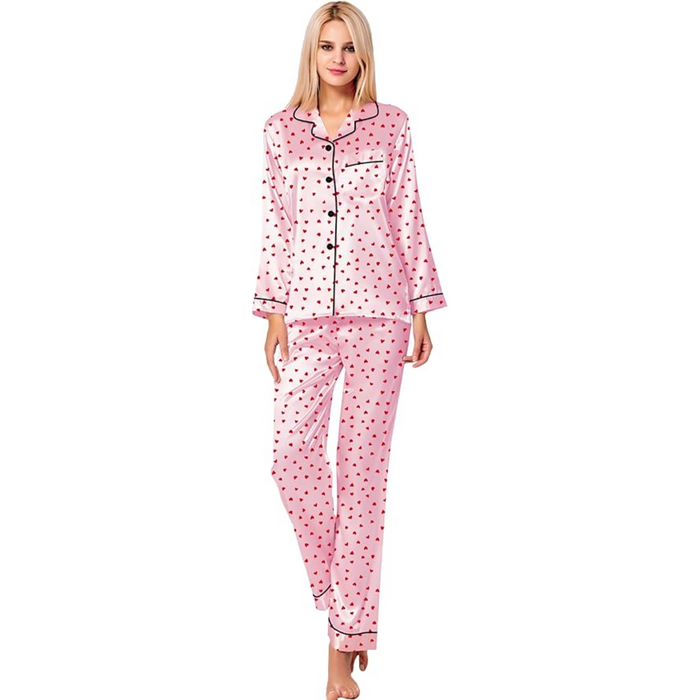 Satin Long Sleeve Printed Button Down Pajama Set