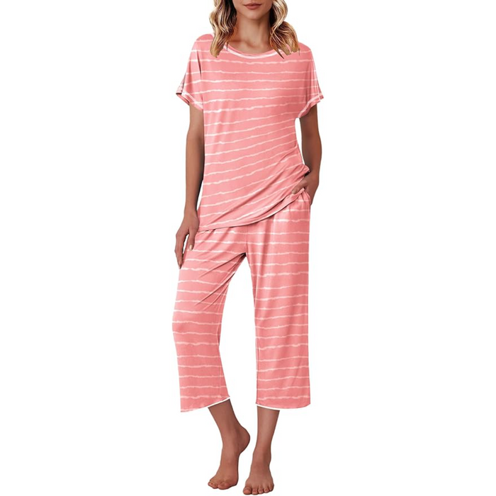 Matching Printed Capri Pajama Set With Short Sleeve Top