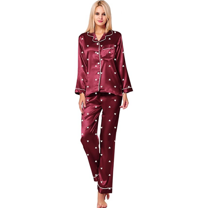 Satin Long Sleeve Printed Button Down Pajama Set