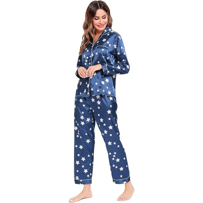 Satin Long Sleeve Printed Button Down Pajama Set