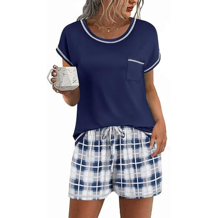 Contrast Piping Short Sleeve Pajama Set With Pocket