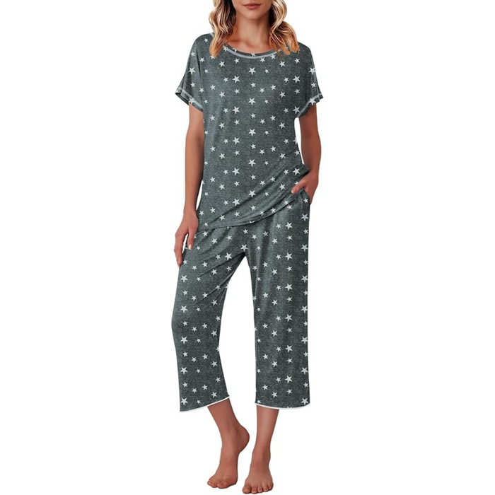 Star Printed Matching Capri Pajama Set With Short Sleeve Top