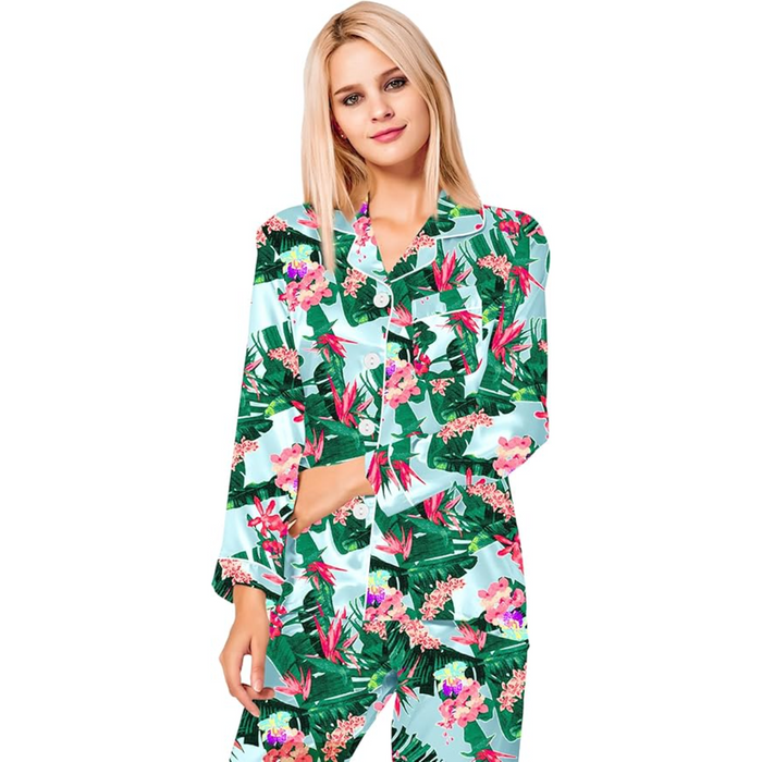 Satin Long Sleeve Printed Button Down Pajama Set