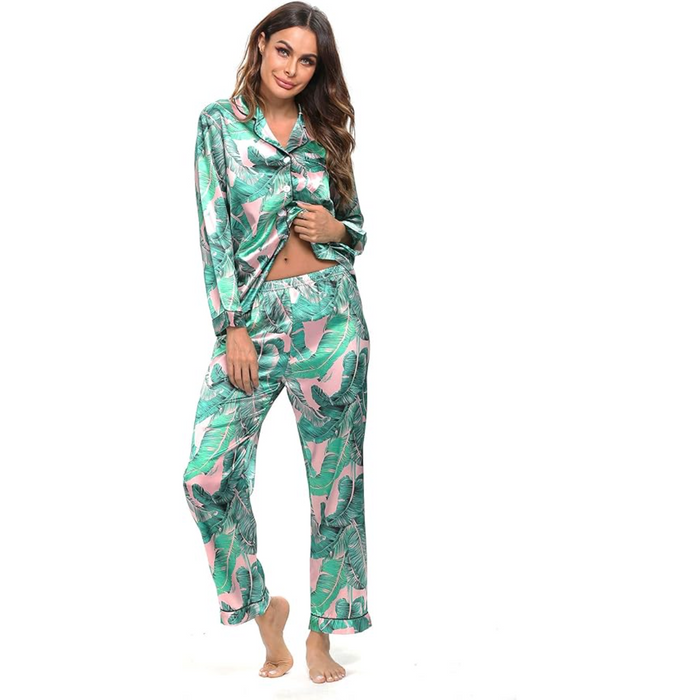 Satin Long Sleeve Printed Button Down Pajama Set