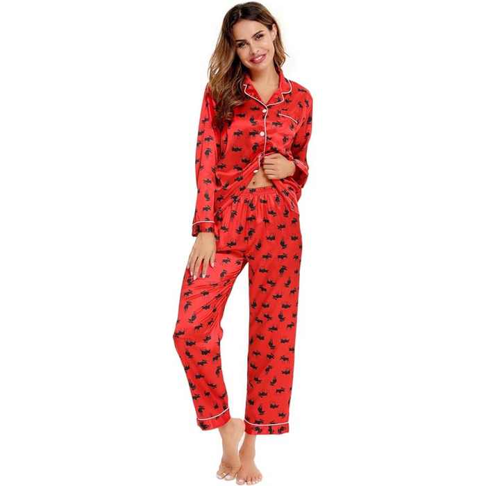 Satin Long Sleeve Printed Button Down Pajama Set