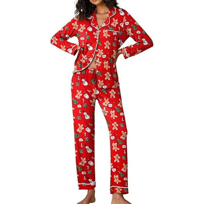 Button Down Long Sleeve Christmas Theme Lounge Set