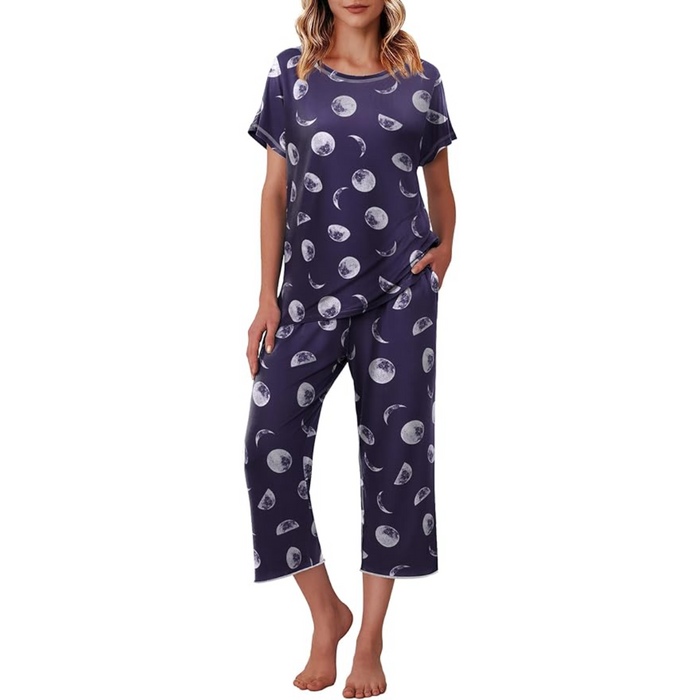 Matching Printed Capri Pajama Set With Short Sleeve Top