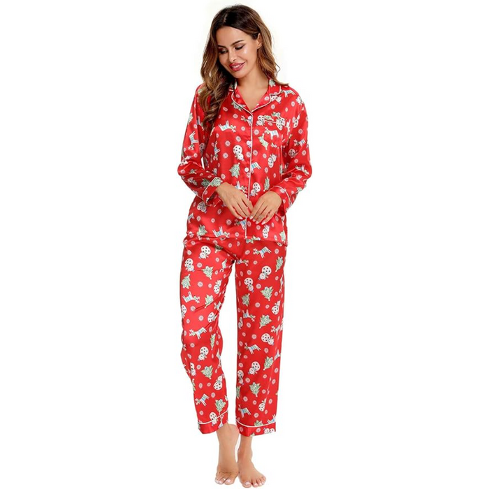 Satin Long Sleeve Printed Button Down Pajama Set