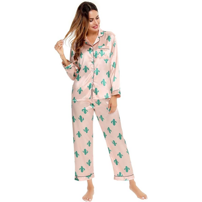 Satin Long Sleeve Printed Button Down Pajama Set