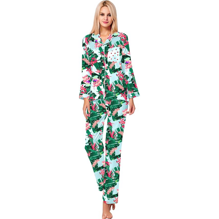 Satin Long Sleeve Printed Button Down Pajama Set