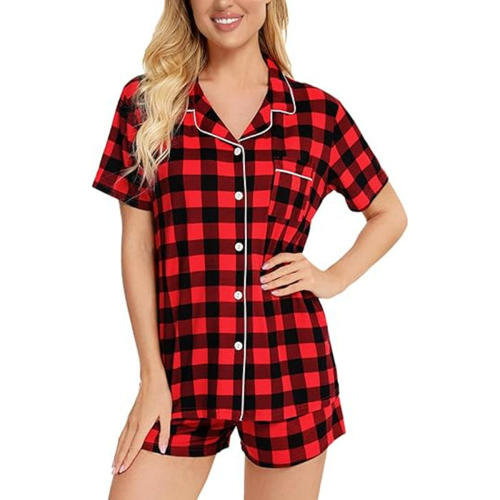 Button Down Plaid Print Short Sleeve Sleepwear Set