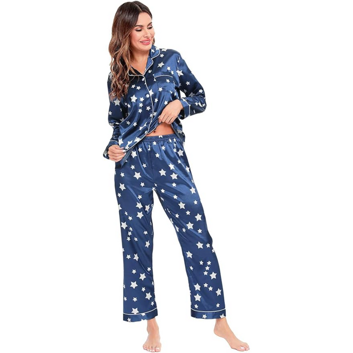 Satin Long Sleeve Printed Button Down Pajama Set