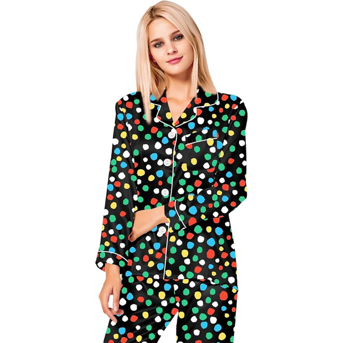 Satin Long Sleeve Printed Button Down Pajama Set