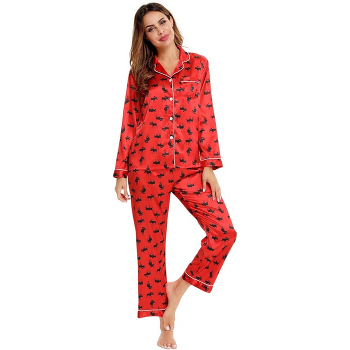 Satin Long Sleeve Printed Button Down Pajama Set