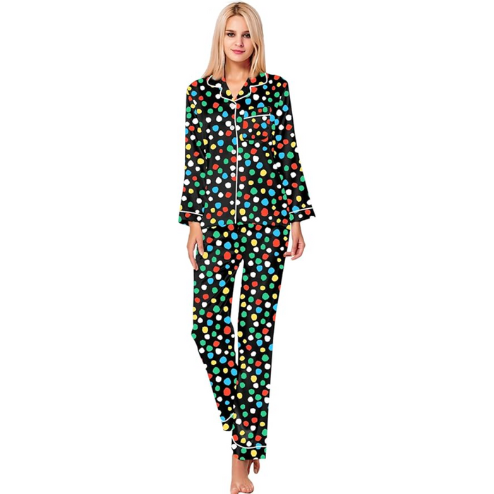 Satin Long Sleeve Printed Button Down Pajama Set