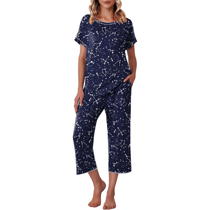 Matching Printed Capri Pajama Set With Short Sleeve Top