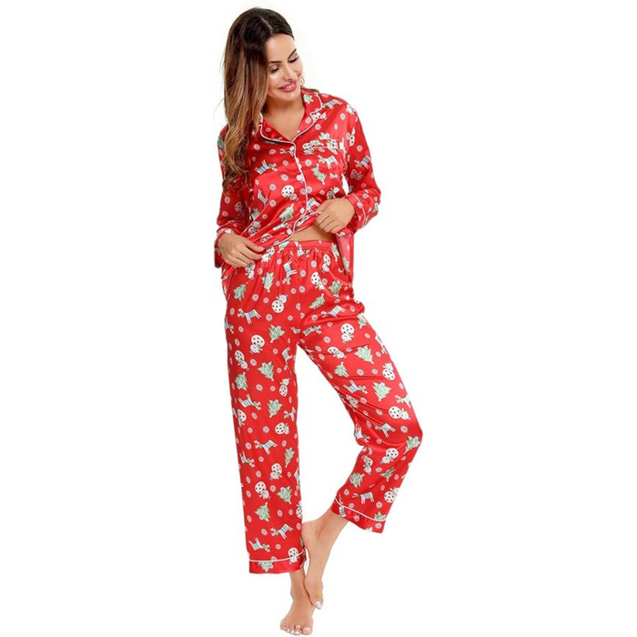 Satin Long Sleeve Printed Button Down Pajama Set