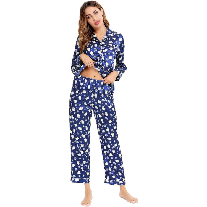 Satin Long Sleeve Printed Button Down Pajama Set