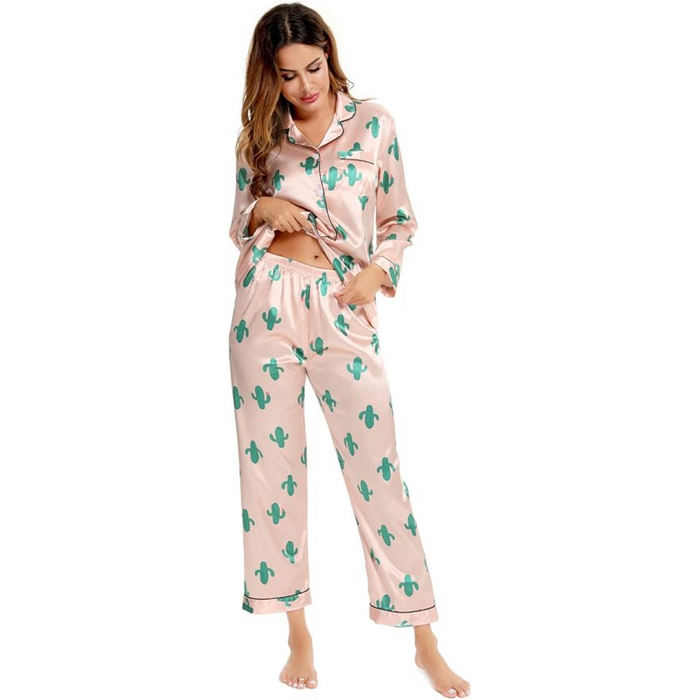 Satin Long Sleeve Printed Button Down Pajama Set